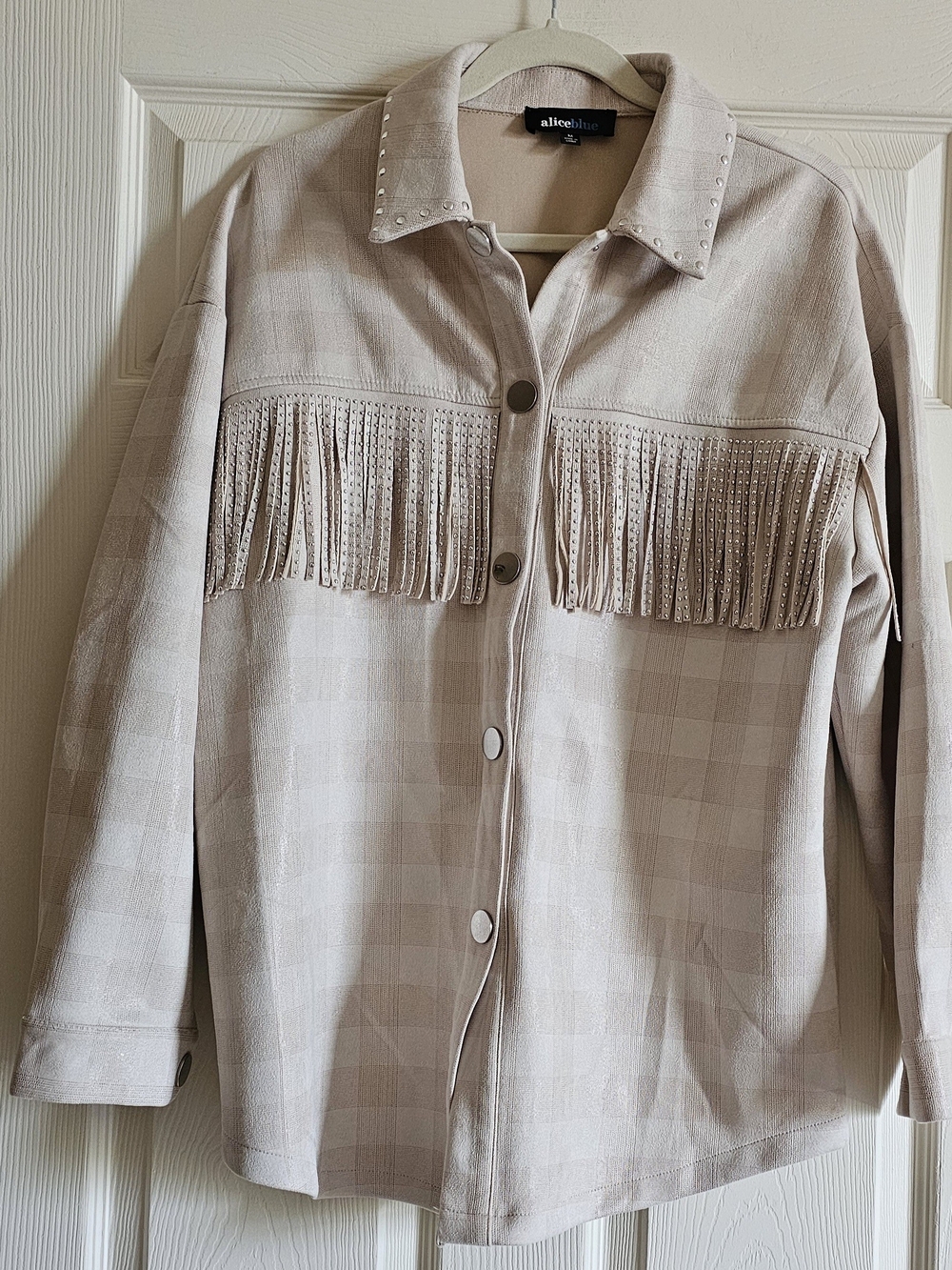 Alice Blue Beige Fringe Utility Jacket with Studded Collar